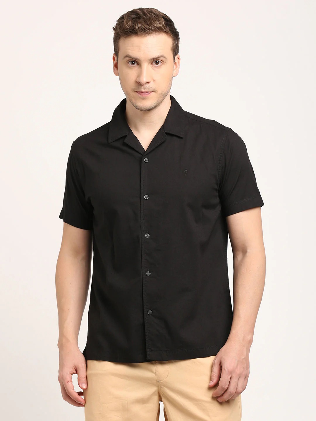 Indian Terrain Men's Slim Fit Half Sleeve Printed Black Shirt